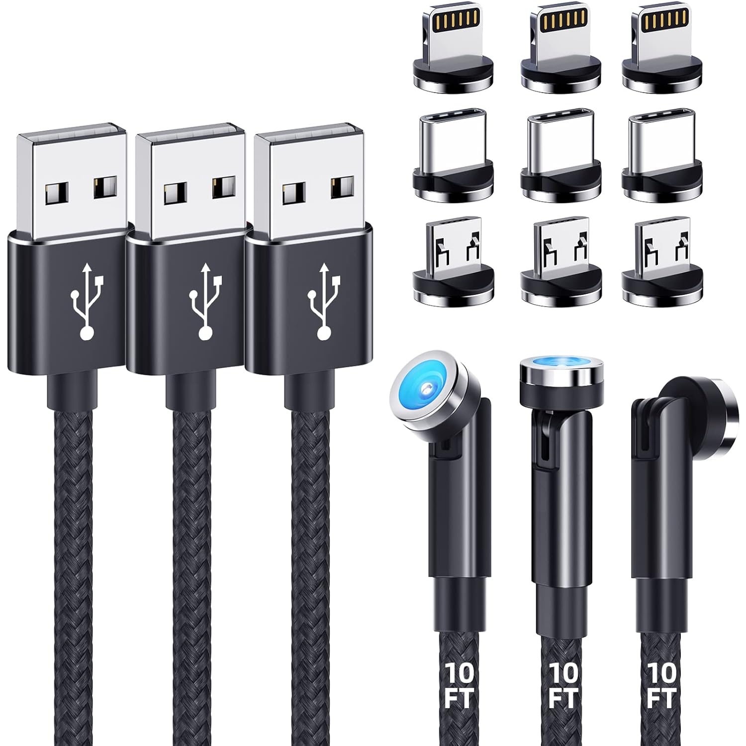 Cable de carga magnético paquete de 3, 10 pies10 pies10 pies Cargador magnético giratorio de 540 para teléfono, cable USB magnético 3 en 1 con luz
