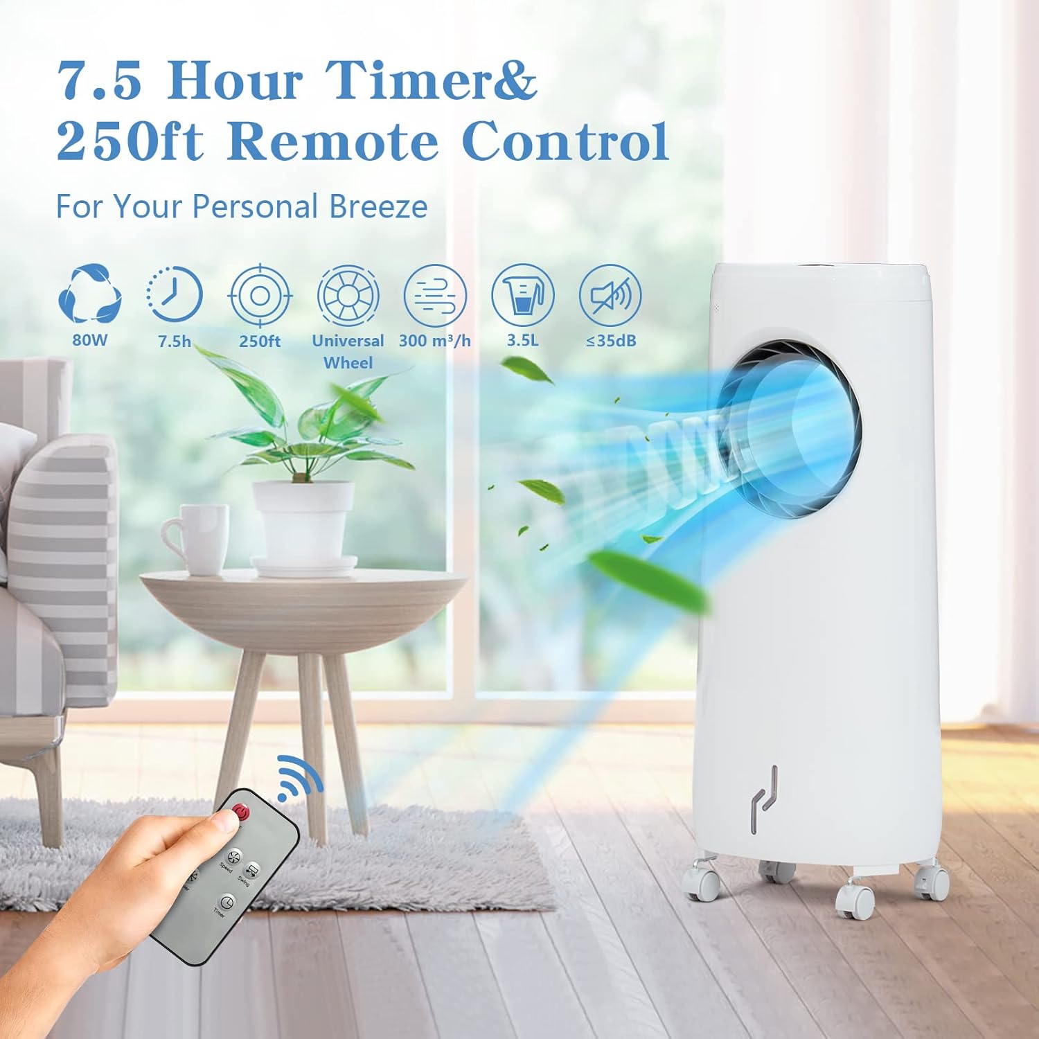 Enfriador de aire evaporativo, aire acondicionado portátil, enfriamiento instantáneo y humidificación con temporizador de 7.5 horas, 3 velocidades y
