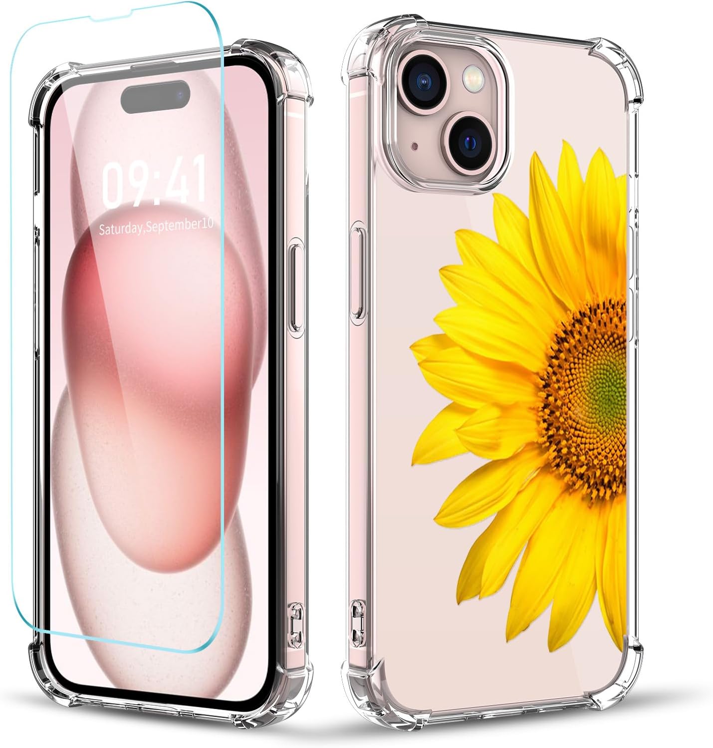 Funda compatible con iPhone 15 con protector de pantalla, diseño de patrón de flores, funda transparente floral para mujer, a prueba de golpes,