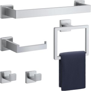 Juego de accesorios de baño de 5 piezas de plata cepillada, juego de toallas de baño de acero inoxidable SUS304, toalleros montados en la pared. Juego de accesorios de baño de 5 piezas de plata cepillada, juego de toallas de baño de acero inoxidable SUS304, toalleros montados en la pared.