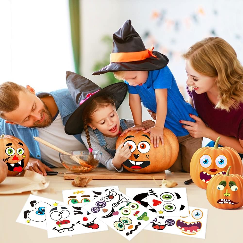 Calcomanías decorativas de calabaza de Halloween, 26 hojas, 56 calcomanías faciales en total, kit de manualidades de pintura de calabaza, decoración