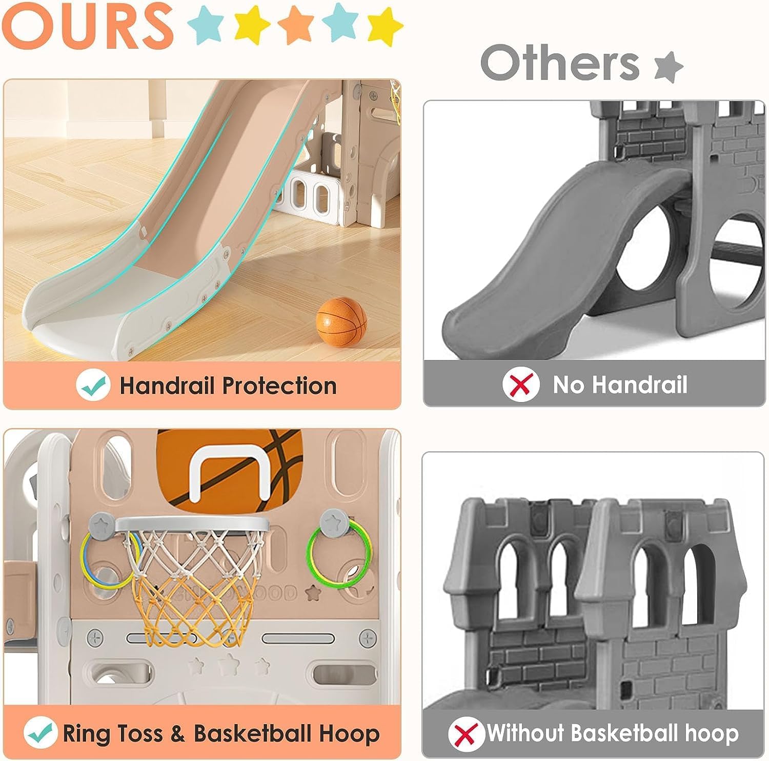 Tobogán 9 en 1 para niños pequeños de 1 a 3 años con lanzamiento de anillo, aro de baloncesto y telescopio, tobogán para interiores y exteriores,