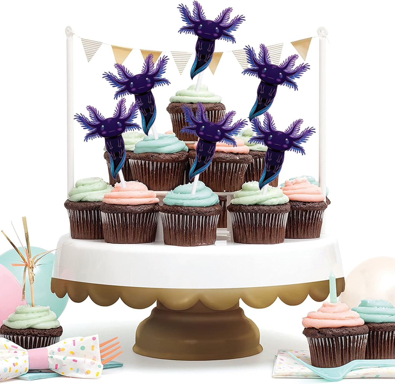 Decoración para cupcakes de postre de dibujos animados de ajolote con purpurina morada, lindo tema de animales, baby shower, niñas y niños,