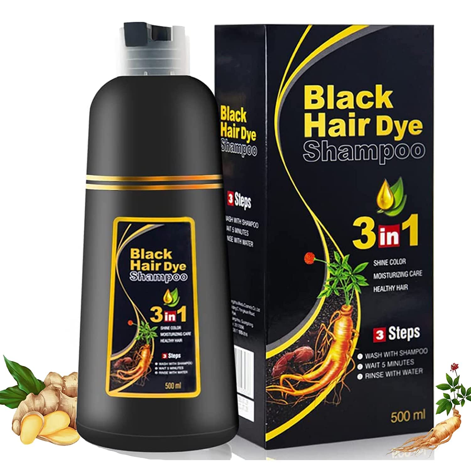 Champú de color negro instantáneo para cabello gris, champú fácil de teñir el cabello, 3 en 1, permanente, 100% cobertura de canas, coloración