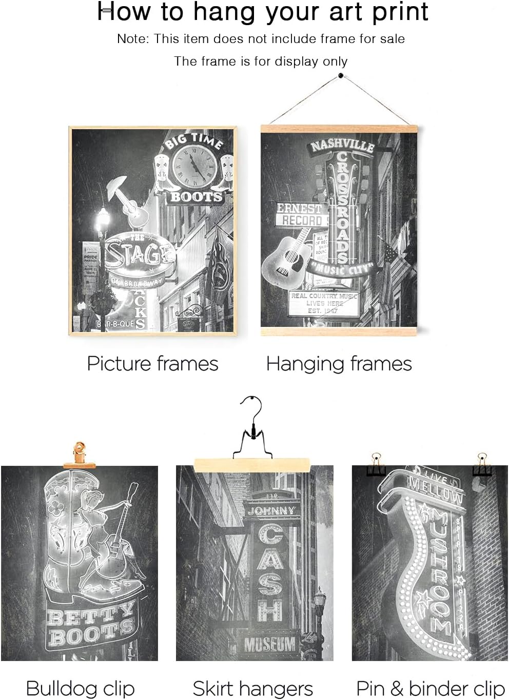 Póster vintage de Nashville para pared, diseño retro en blanco y negro de Nashville, Tennessee, música country, guitarra, arte del centro, lienzo