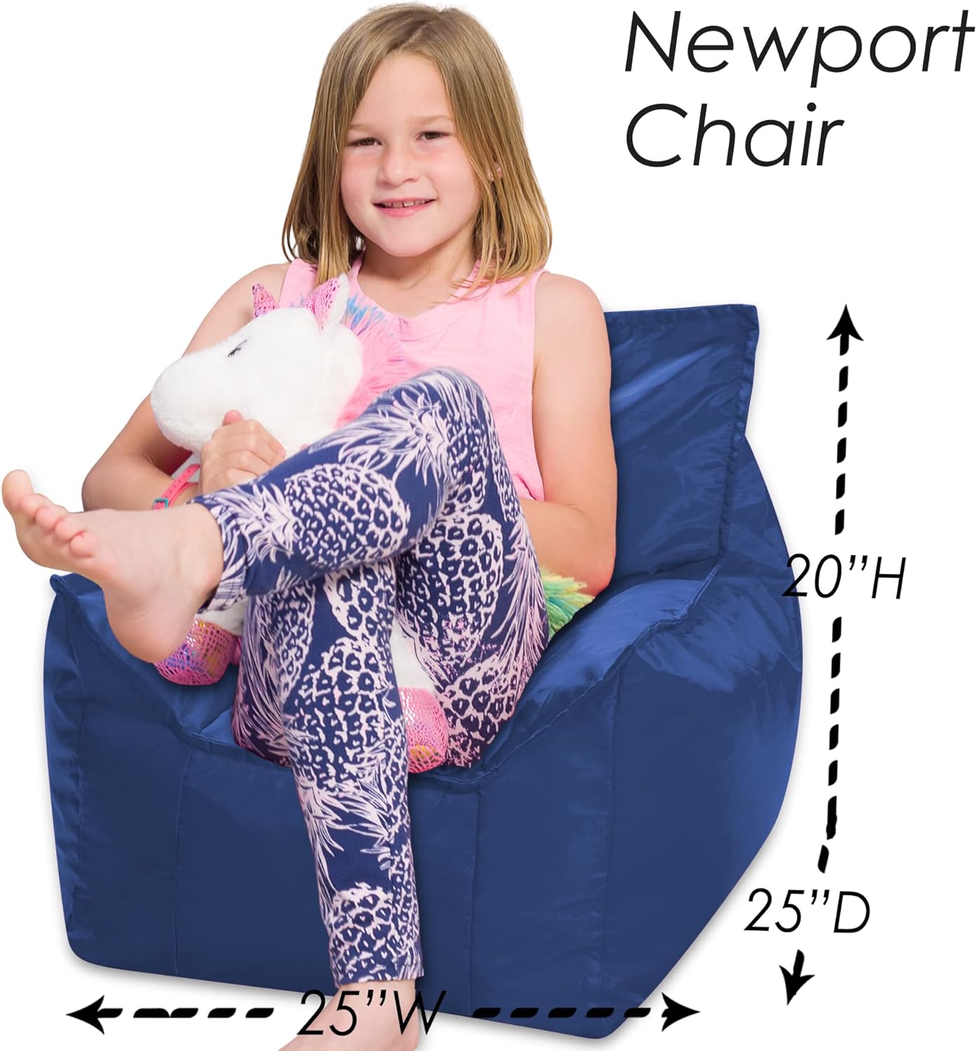 Posh Creations Newport – Puf, silla relajante para uso infantil para juegos, leer y ver la televisión, tamaño mediano, nailon suave, color azul