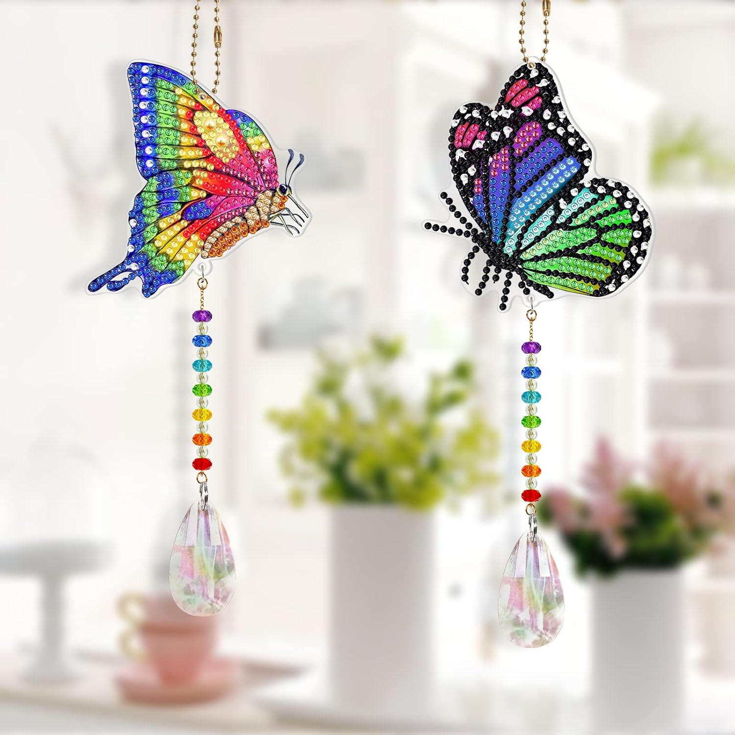 DIY – Juego de 2 piezas de pintura de diamantes de mariposa colorida 5D para adultos, arte de diamantes de mariposa de cristal, adorno colgante para