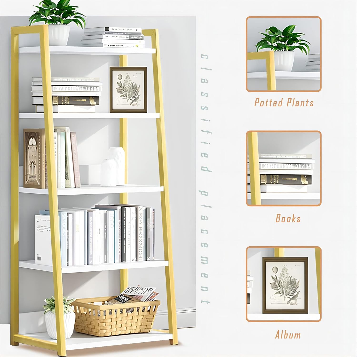 IOTXY Estantería abierta de 4 niveles, soporte de exhibición de acero y madera, estantería de pie de 19.7 in de ancho, color dorado