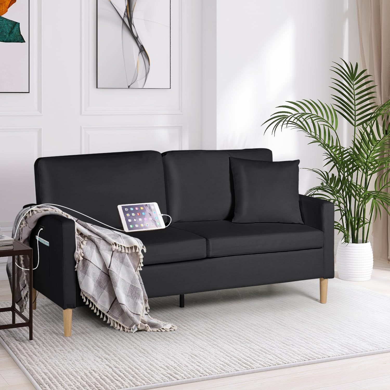 AILEEKISS Sofá biplaza de 66 pulgadas de ancho con 2 asientos USB de mediados de siglo, muebles de piel sintética, tapizado, sofá biplaza para sala