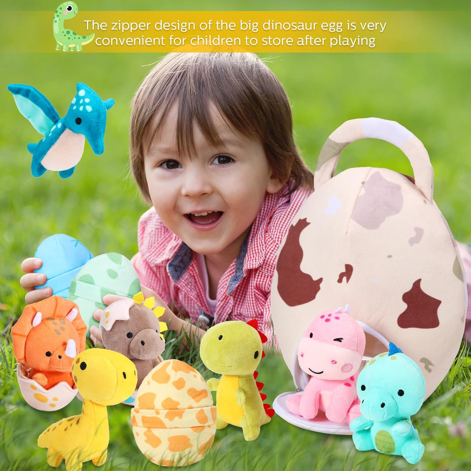 Juego de 11 juguetes de peluche de dinosaurio pequeño y bolsa de huevo, lindos animales de peluche, juguetes de peluche suaves de dinosaurio,