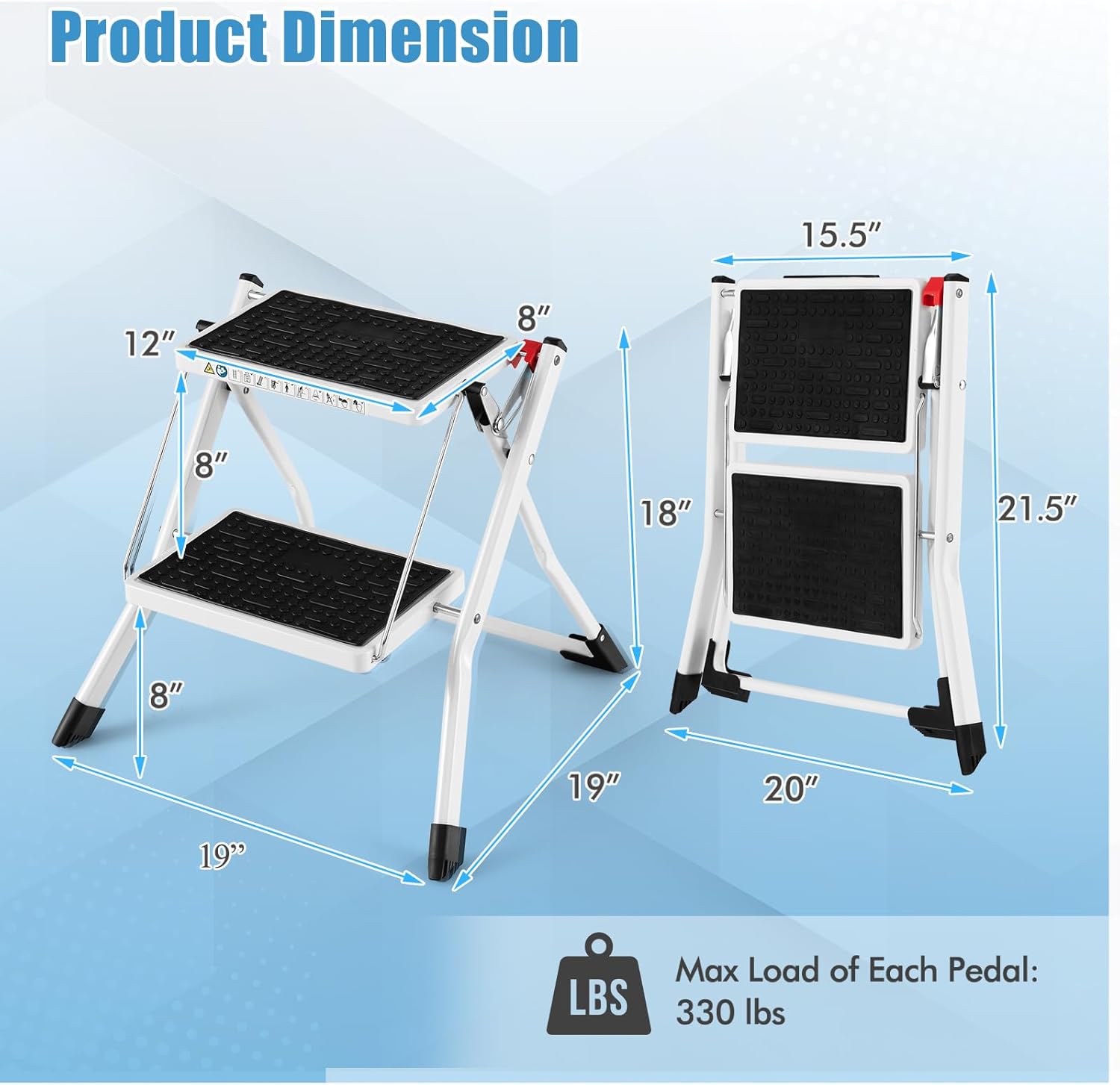 Safstar – Escalera plegable de 2 escalones, taburete ligero con pedal antideslizante, almohadillas y asa, marco de metal resistente, capacidad de