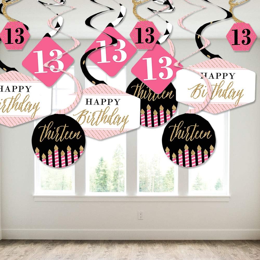 Big Dot of Happiness Elegante 13 cumpleaños – rosa, negro y dorado – Remolinos decorativos colgantes para fiesta – Juego de 40