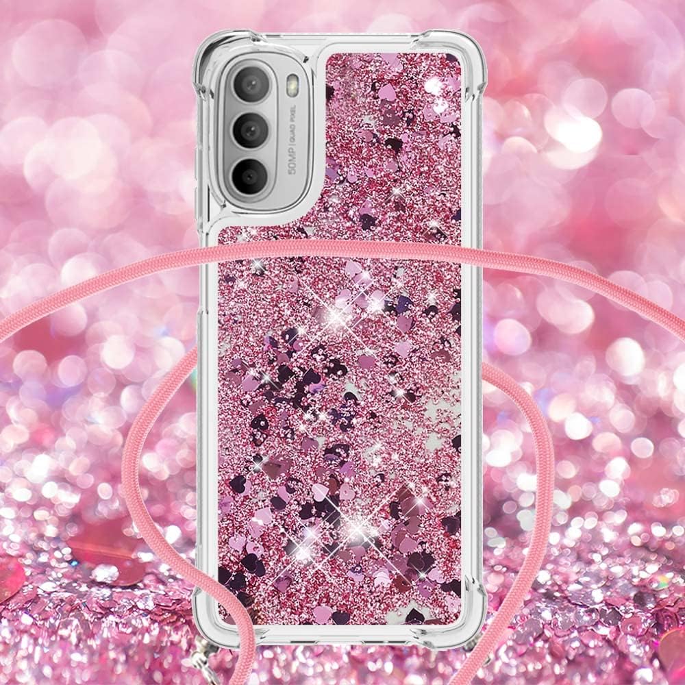 Asuwish Funda de teléfono para Motorola Moto G 5G 2022 con protector de pantalla y correa cruzada, con purpurina líquida, cubierta protectora