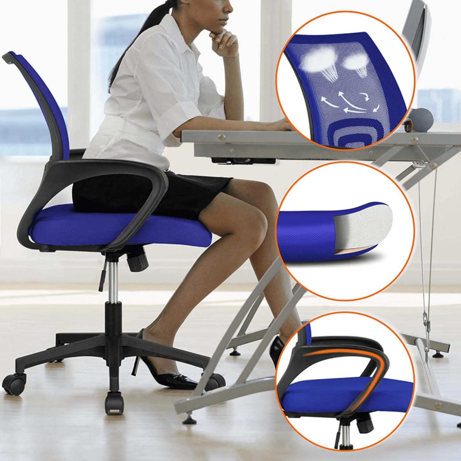 Silla de oficina en casa, silla ergonómica de malla, silla de escritorio para computadora con respaldo medio con soporte lumbar y reposabrazos,