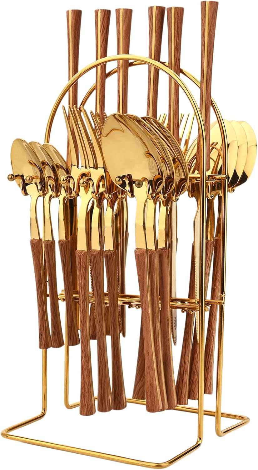 Juego de cubiertos colgantes de 24 piezas con soporte para cubiertos, cubiertos de acero inoxidable con mango de madera, utensilios de cocina para