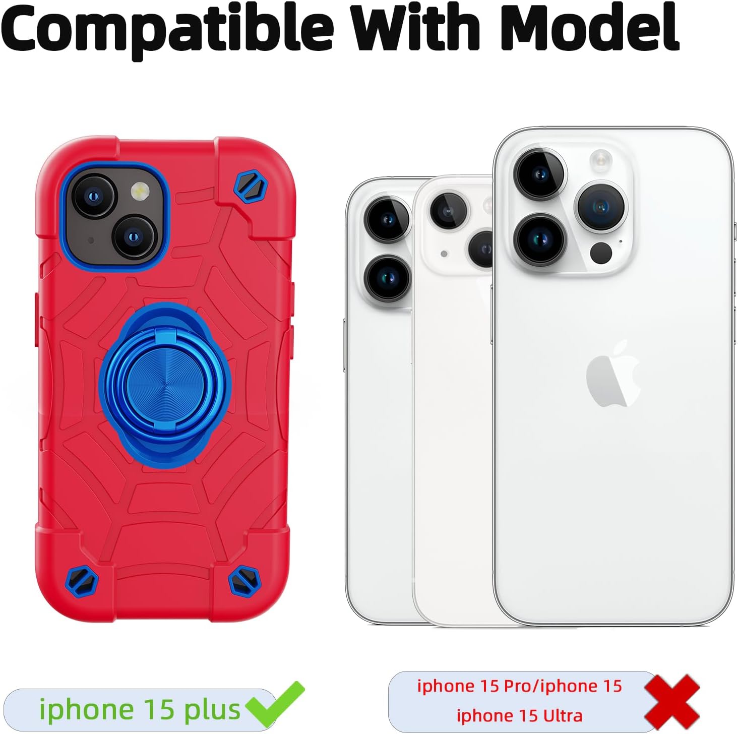KCJ Funda compatible con iPhone 15 Plus14 Plus con 2 protectores de pantalla soporte de anillo silicona suave + policarbonato duro, protección de