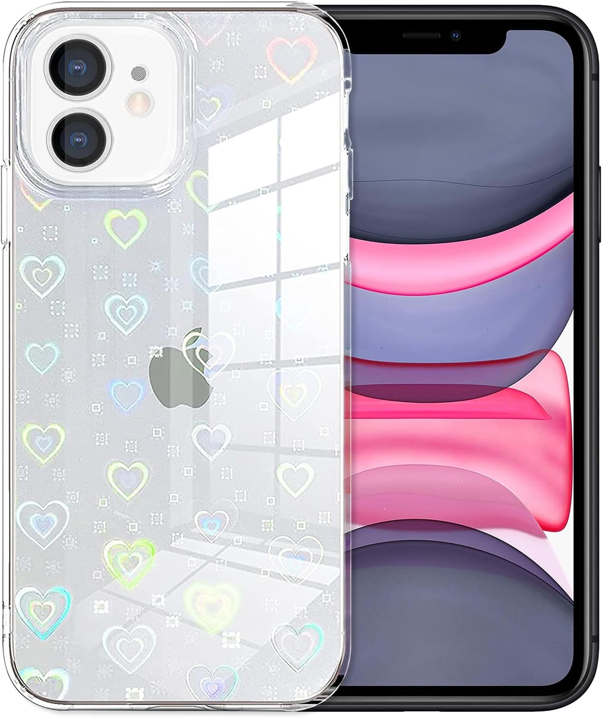 Jusy Compatible con iPhone 13 Pro Max, funda holográfica de amor iridiscente transparente Kawaii para mujer, diseño de arco iris con láser estético,