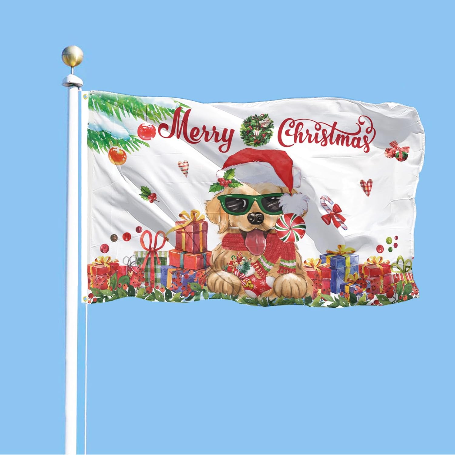 Bandera de perro Golden Retriever de Feliz Navidad, de 3 x 5 pies, de doble cara, cartel de invierno y Navidad al aire libre, bandera de Navidad con