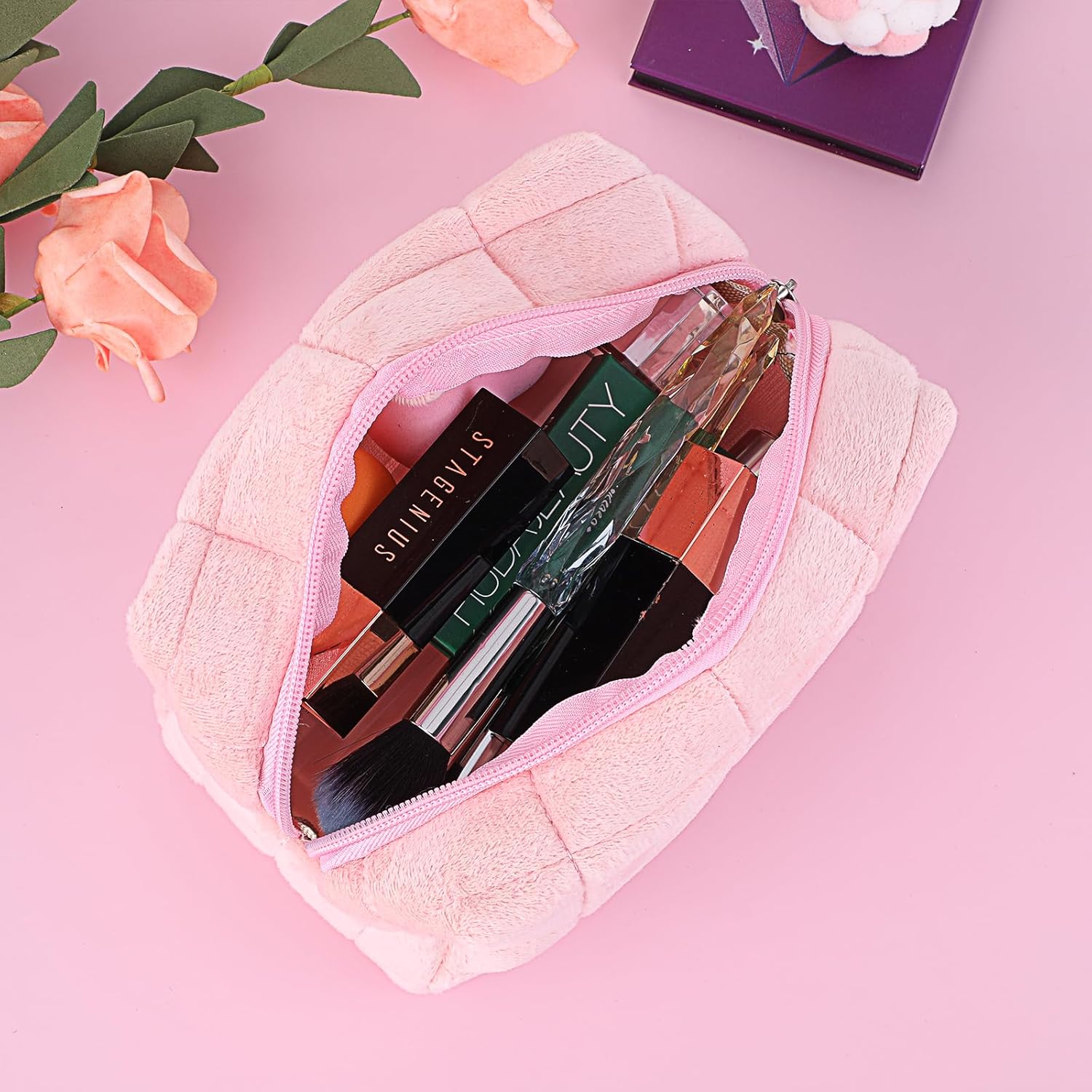 Molain Bolsa de cosméticos, bolsa de cosméticos a cuadros linda, bolsa de cosméticos de viaje, bolsa de aseo portátil simple de gran capacidad,