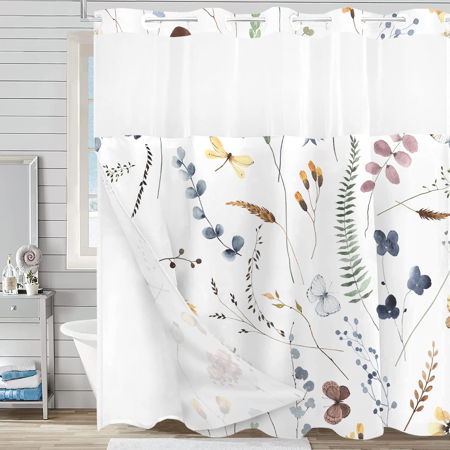 Cortina de ducha floral sin gancho con forro a presión, bonitas flores de mariposa sin gancho, juego de cortinas de ducha de tela para baño, cortina