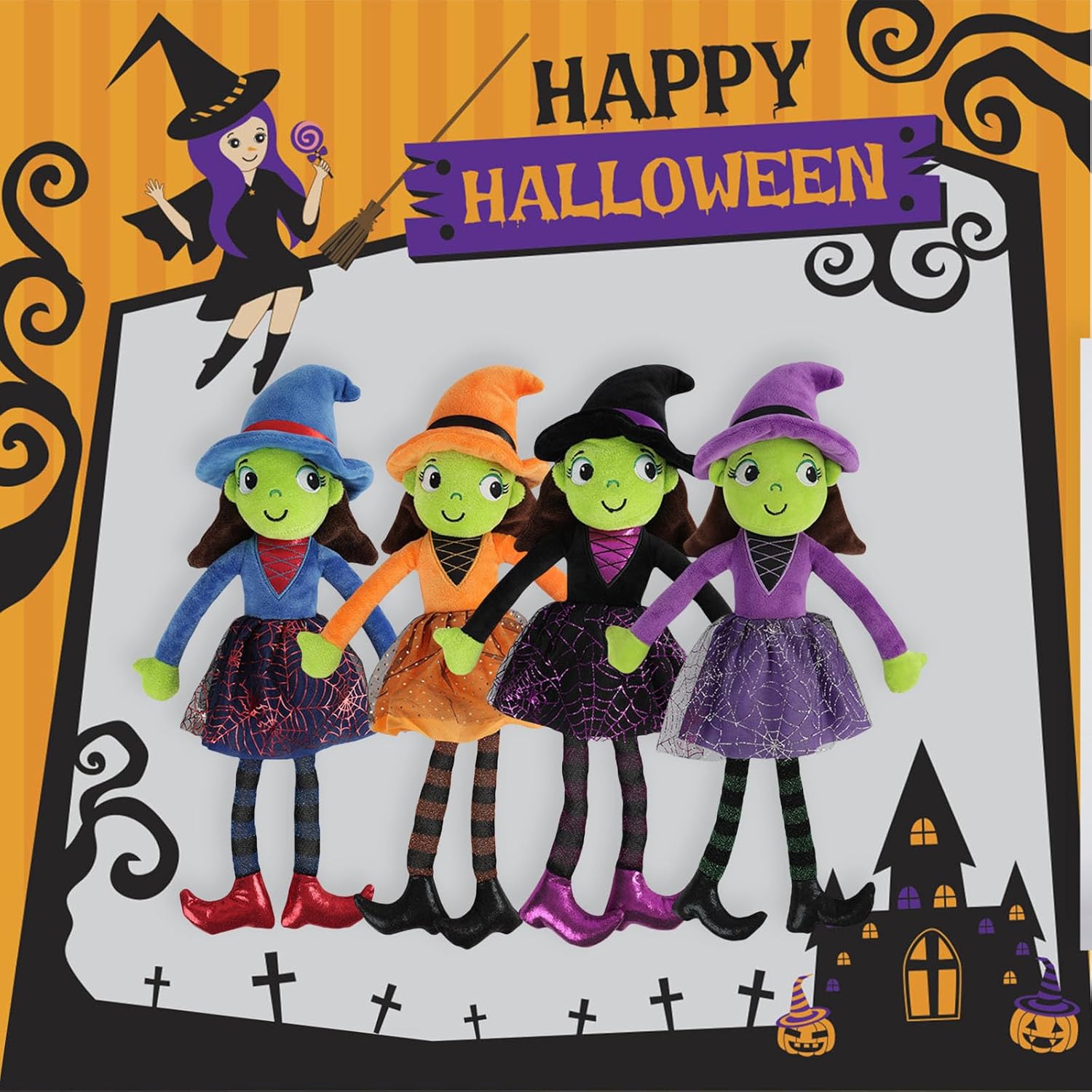 Muñecas de bruja linda de peluche de bruja pequeña para decoración de fiesta de Halloween, juguetes de bebé (morado, 16 pulgadas)