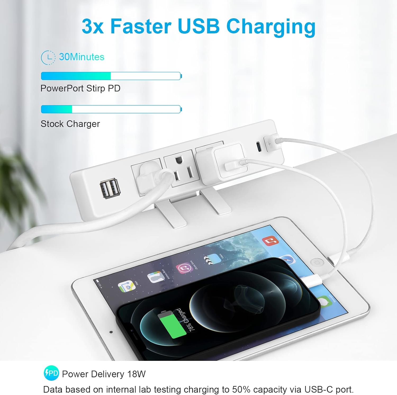 Regleta de alimentación de escritorio blanca de 10 pies con USB, protector de sobretensiones, estación de carga de energía con 3 enchufes, 3 USB A 1