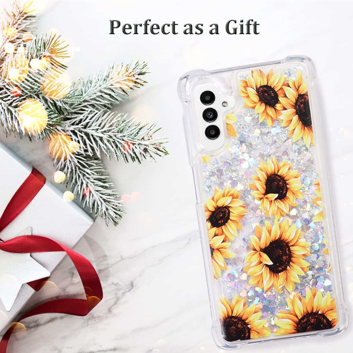 FLOCUTE Funda para Galaxy A13, Galaxy A13 con purpurina floral, transparente, brillante, líquido, suave, cojín de TPU suave, a la moda, para mujer,