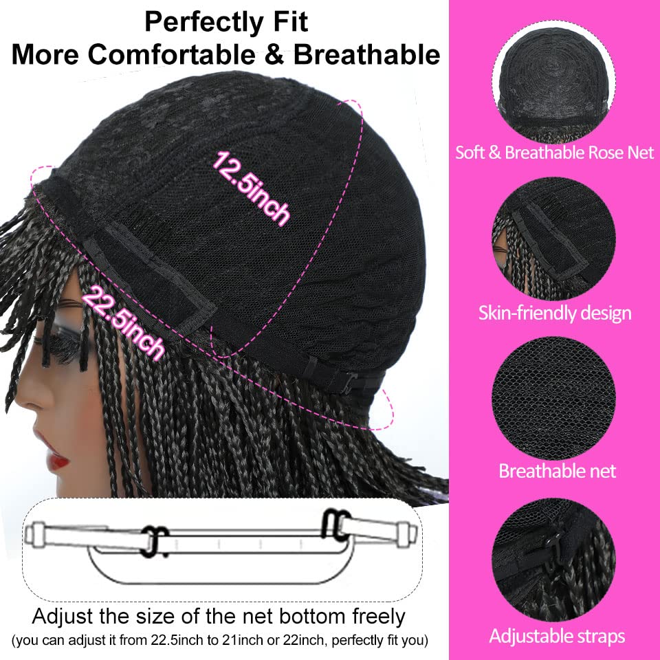Peluca trenzada tipo caja sintética corta estilo Bob peluca trenzada con flequillo, peluca trenzada Cornrow para mujeres negras, 10 pulgadas (12