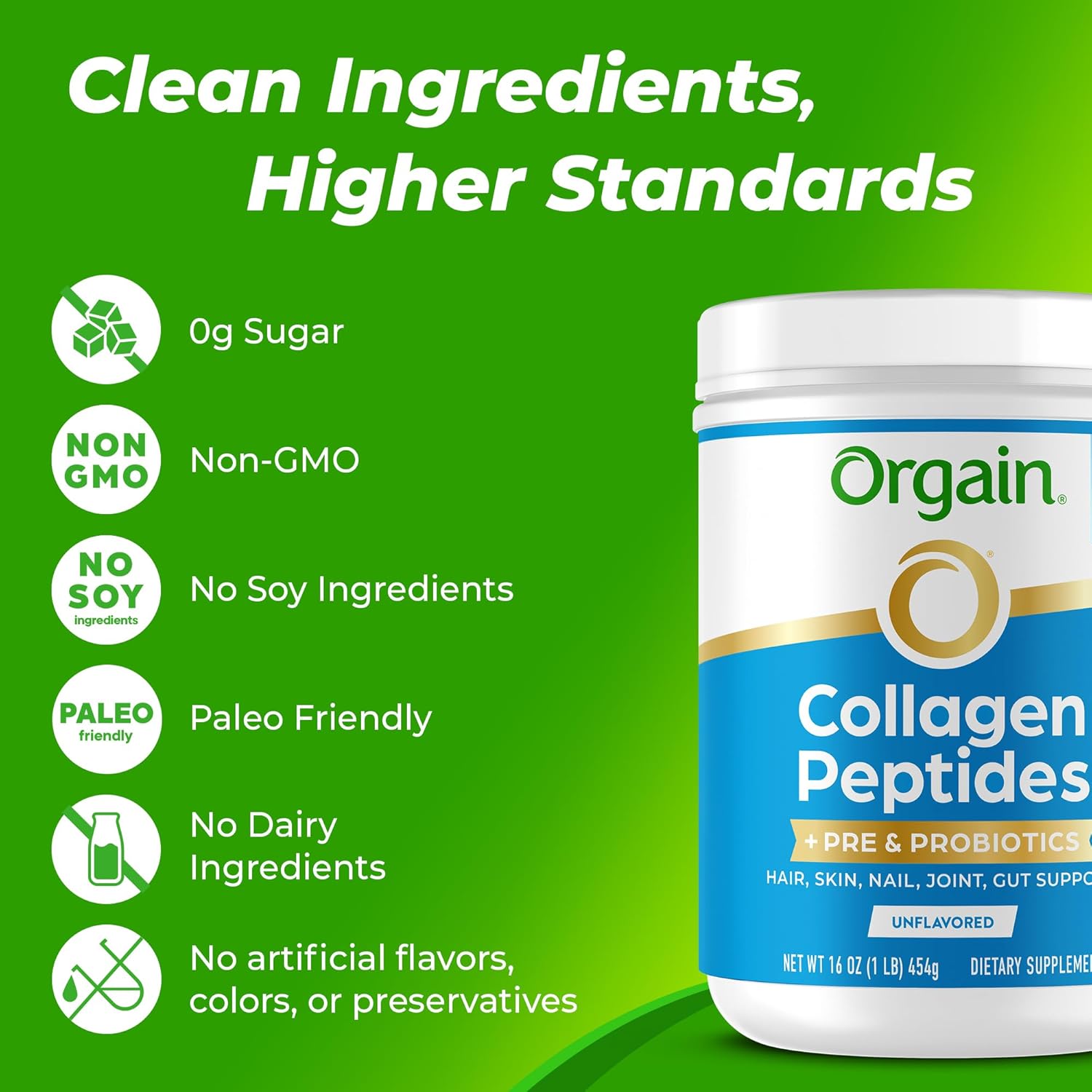 Orgain Hydrolyzed Collagen Peptides + Prebiotic & Probiotics Powder for Women & Men, 20g Grass Fed Collagen, 1 Billion CFU – Supports Digestive,