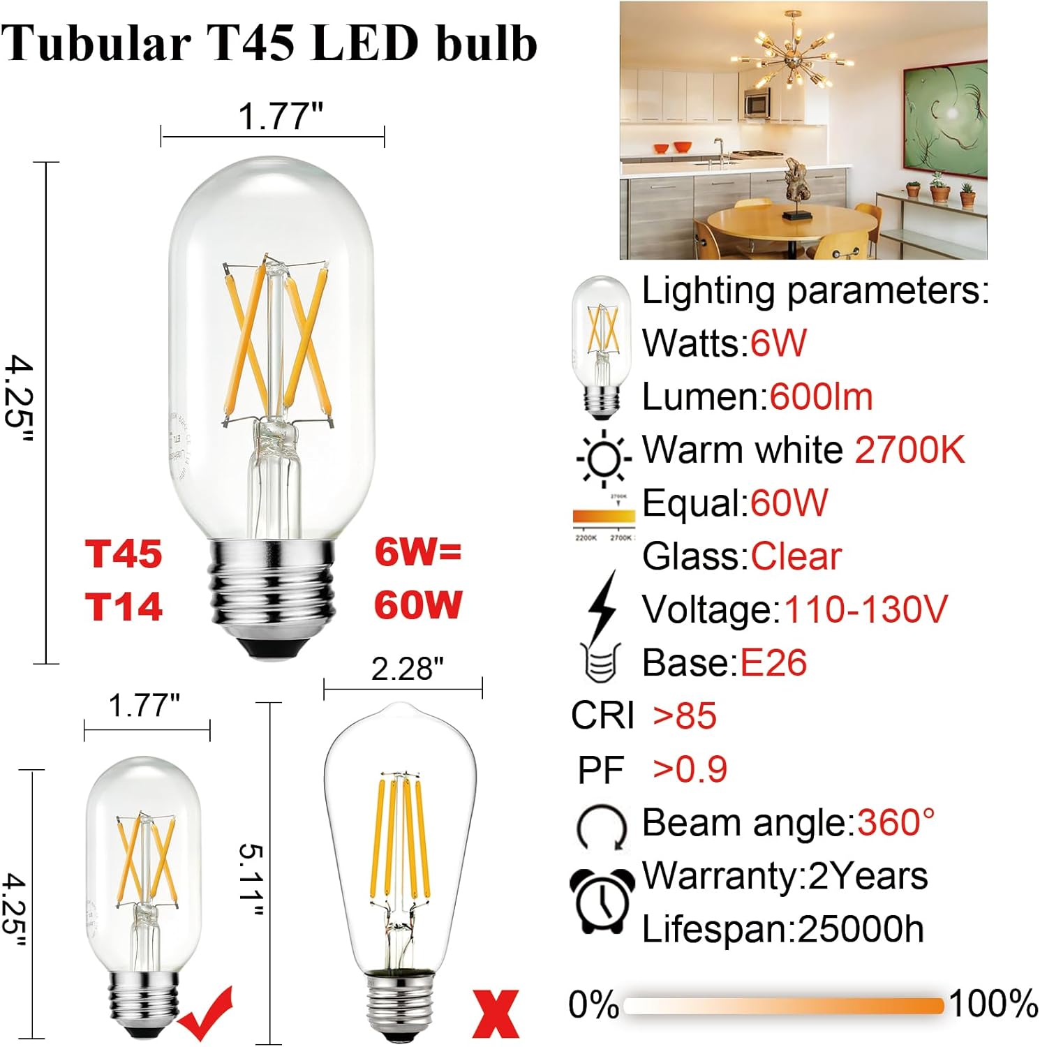 LiteHistory Bombilla LED E26 equivalente a 6 W, bombilla LED E26, 60 W, regulable, blanco cálido, 2700 K, bombilla Edison E26, AC120V, 600 lm,