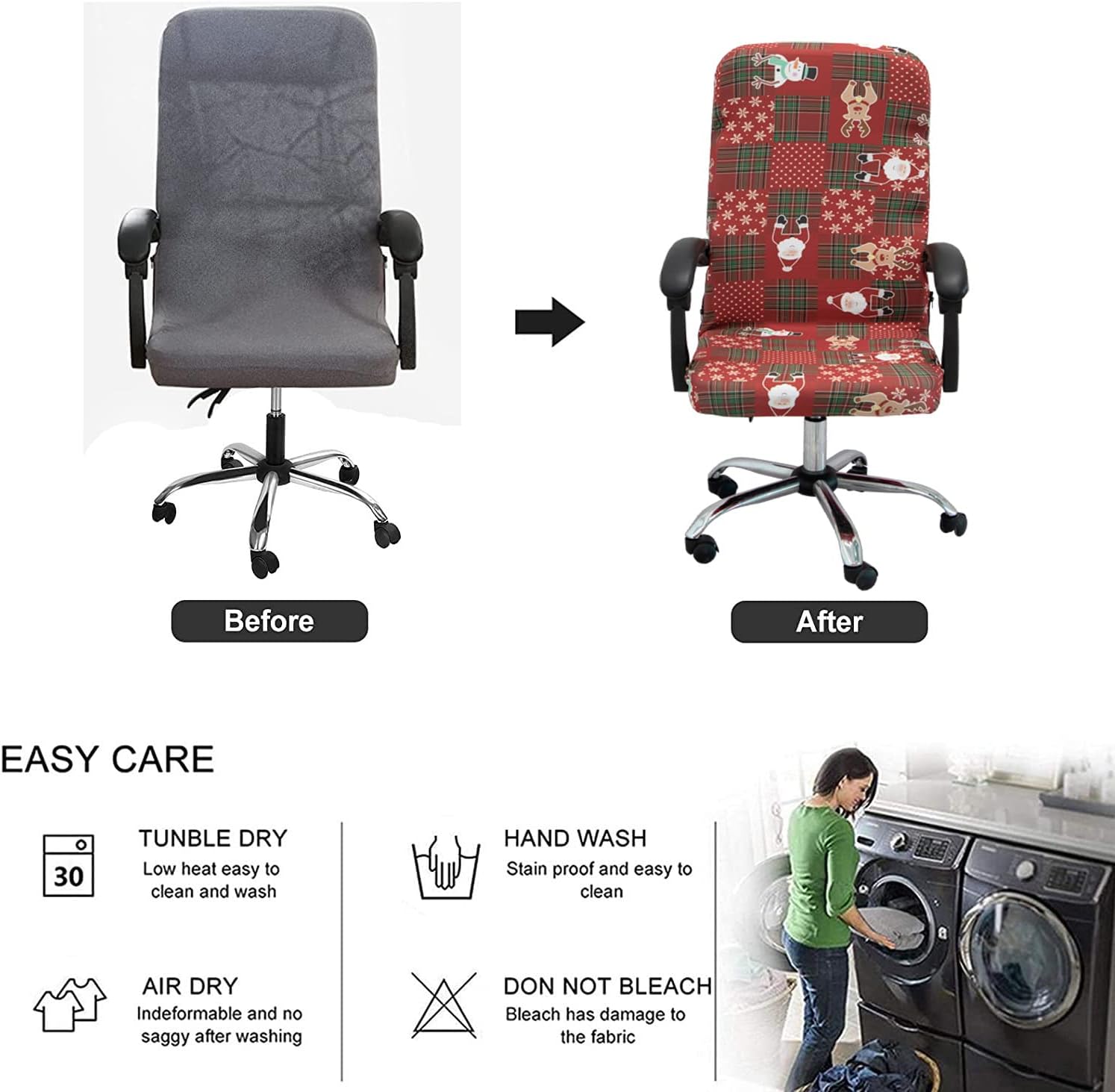 Funda para silla de oficina de Navidad, universal, extraíble, lavable, antipolvo, con estampado de Papá Noel, renos, copos de nieve, estrellas