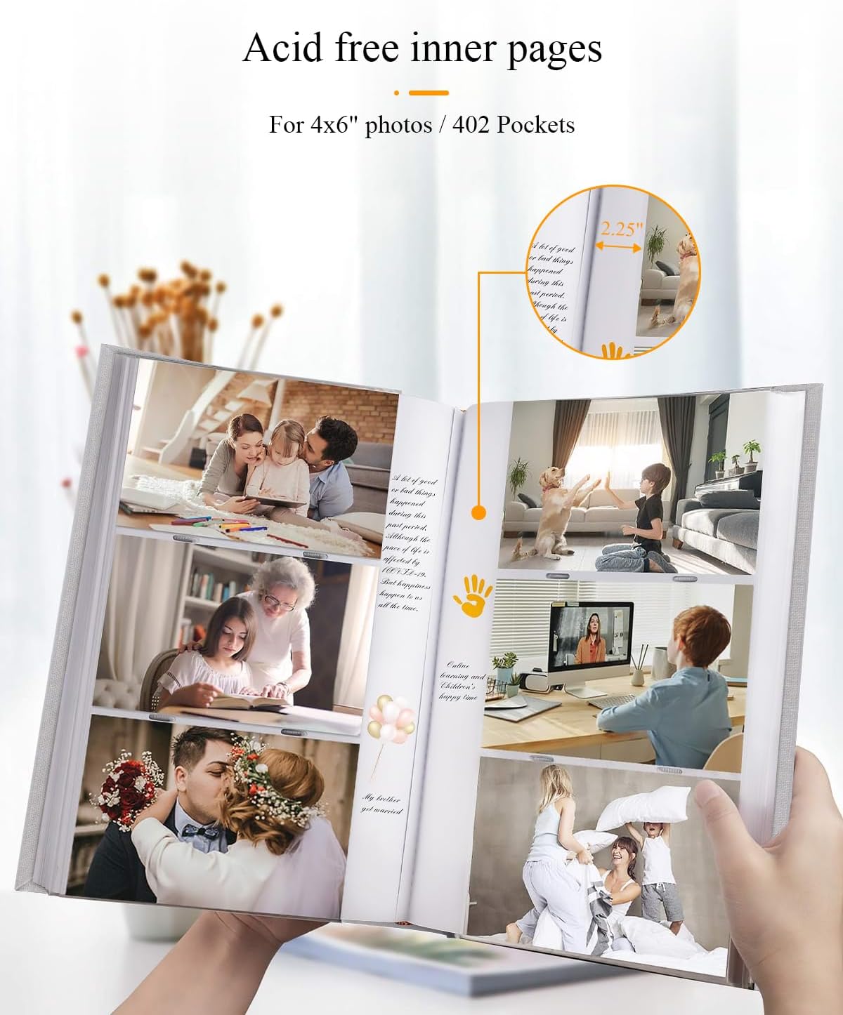 Álbum de fotos de 4 x 6 con capacidad para 402 fotos con bolsillos deslizantes para notas, cubierta de lino, álbumes de fotos con espacio de
