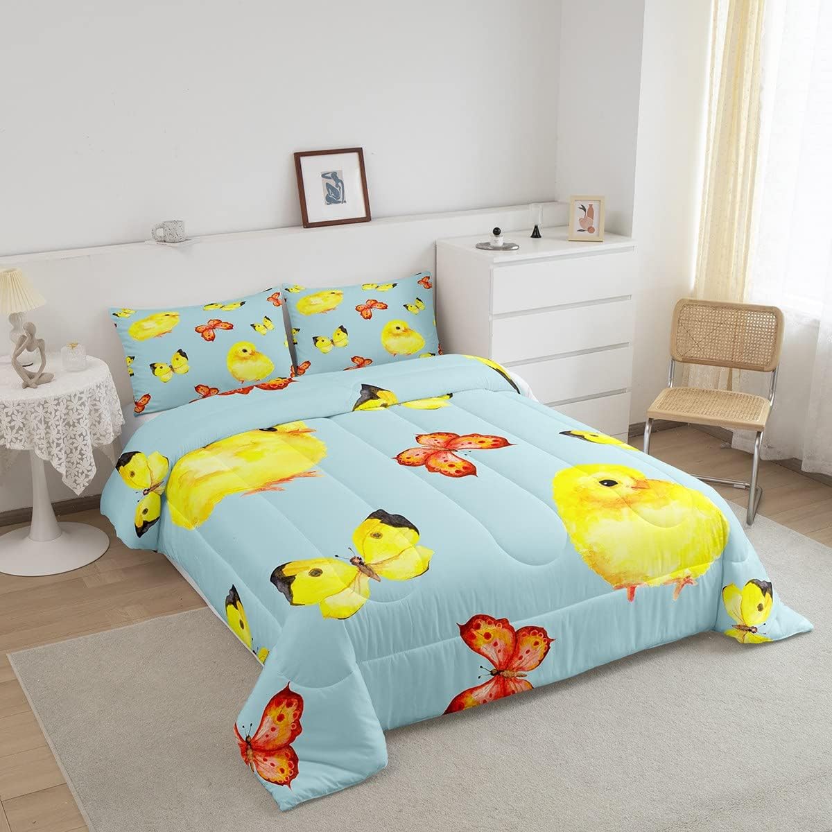 Erosebridal Lindo juego de edredón de pollo dorado para niños y niñas, juego de ropa de cama de mariposas de acuarela, relleno de edredón de pollo