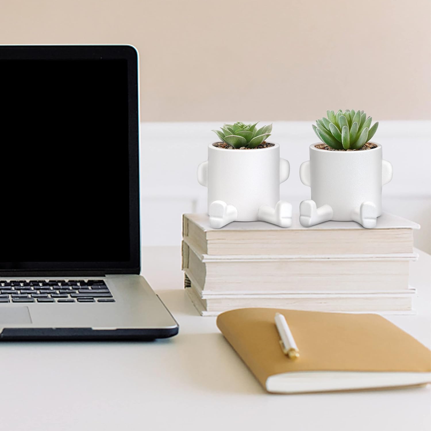 WOODWORD Plantas suculentas falsas de escritorio en blanco macetas de cerámica modernas con forma humana para decoración de escritorio para plantas
