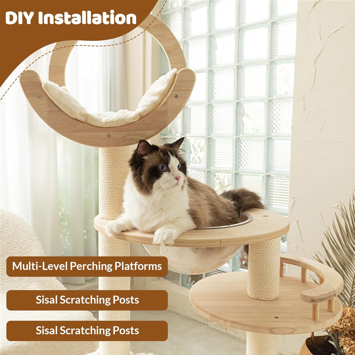 Bloque de construcción de 56.3 pulgadas, árbol para gatos, torre de madera extra grande, condominio estable de varios niveles para gatos grandes,