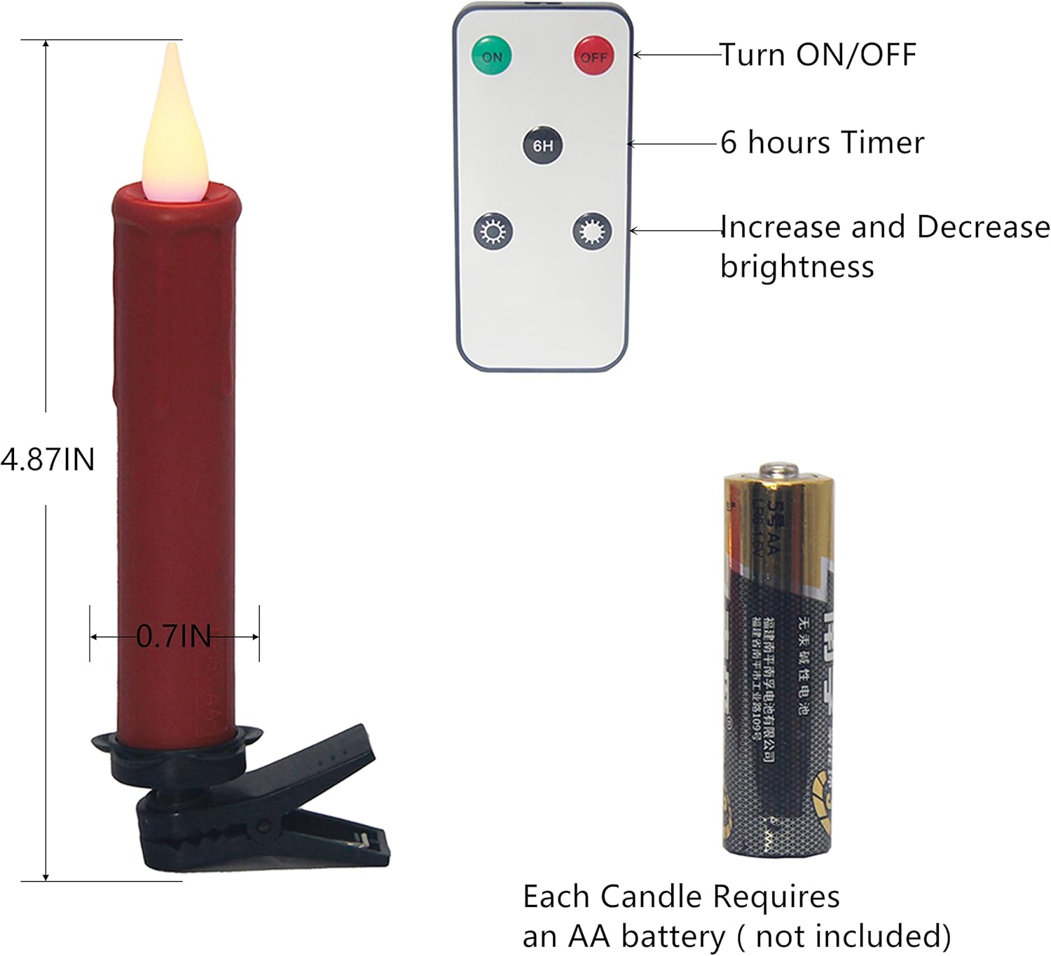 Velas LED cónicas para árbol de Navidad con temporizador, control remoto y clips extraíbles, funciona con pilas, juego de 10 velas cónicas realistas