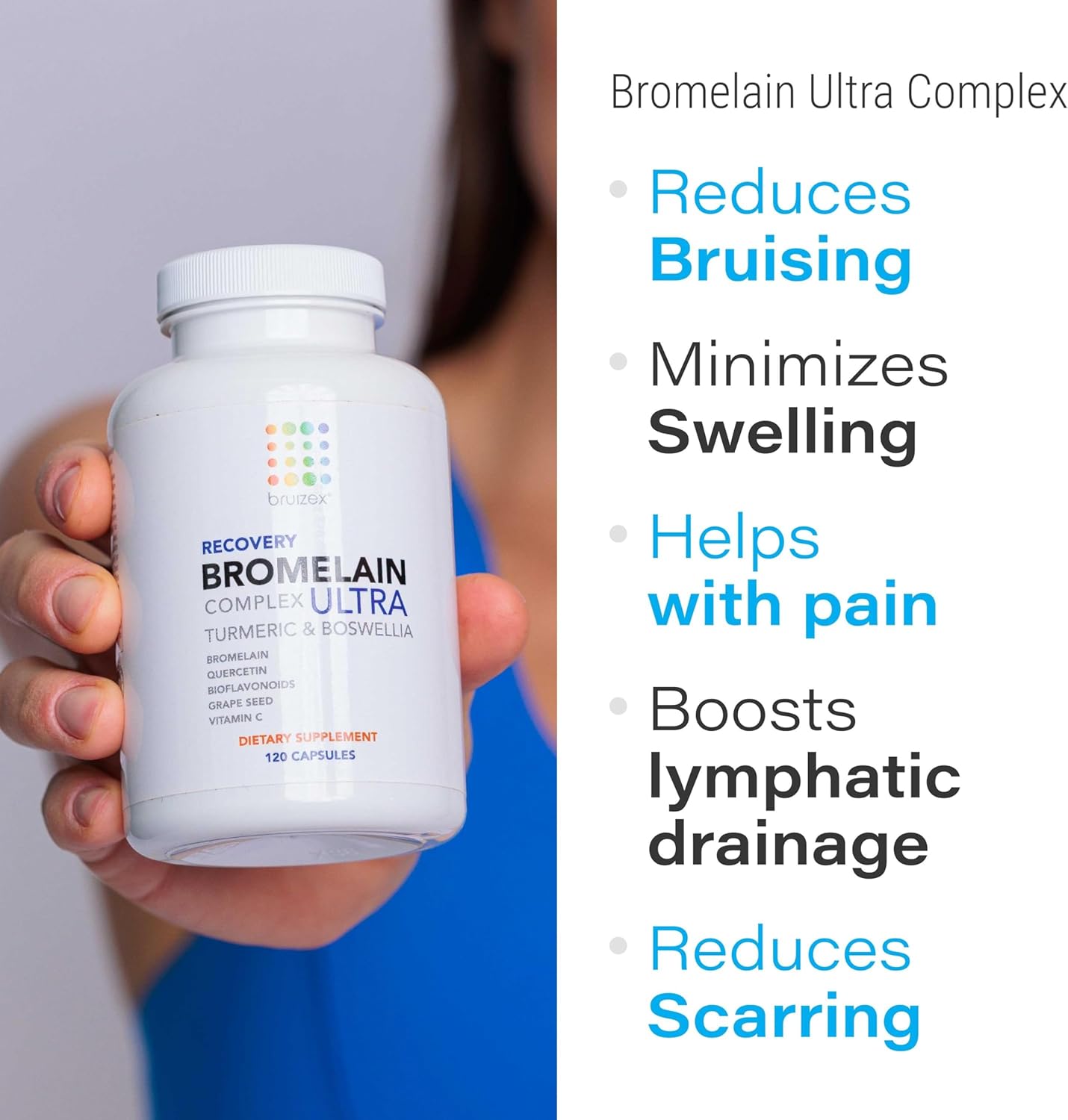 BRUIZEX Suplemento de alivio de moretones ultra bromelina y quercetina, 120 cápsulas  Suplementos de cirugía de piel moretonada, recuperación de