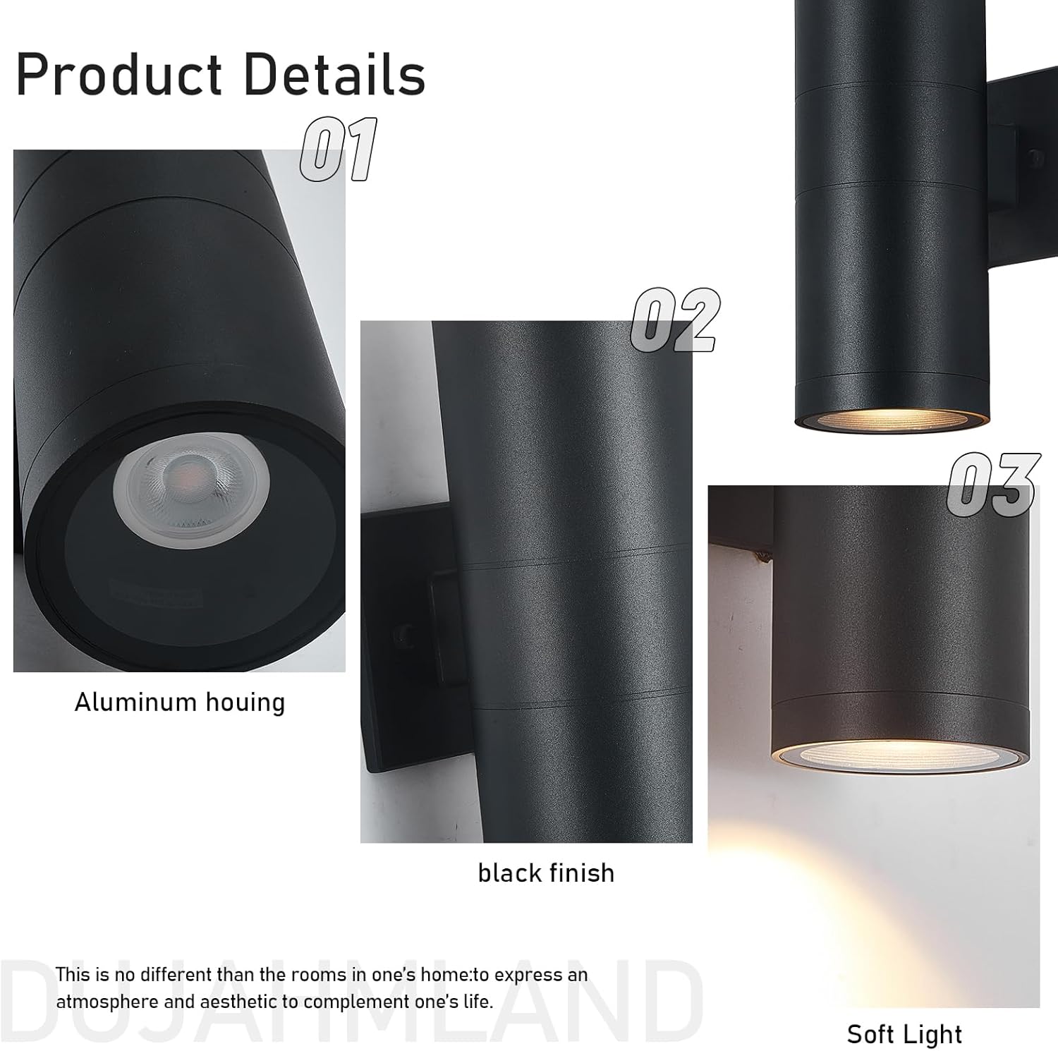 DUJAHMLAND Apliques de pared para exteriores, luces de pared exterior arriba y abajo, lámpara de pared moderna de aluminio negro mate, accesorios de