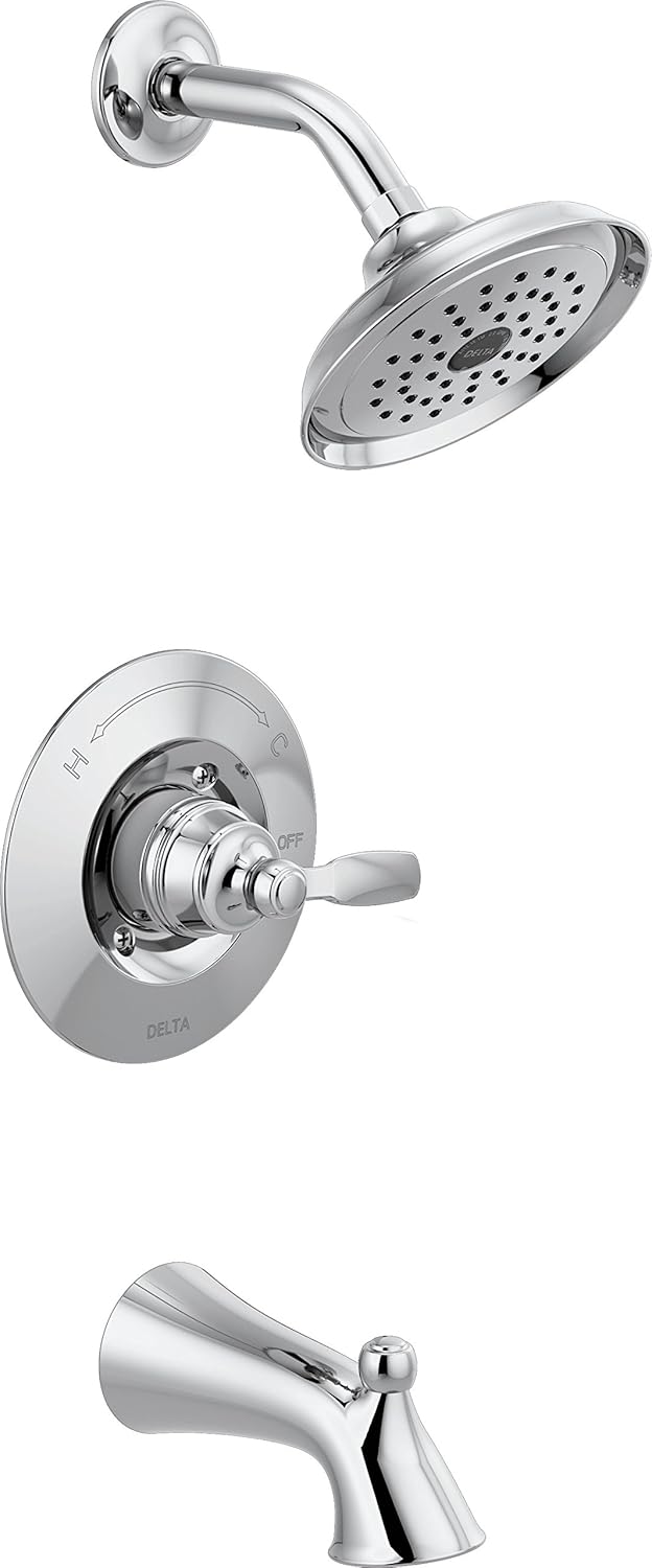 Delta Faucet Woodhurst Serie 14 – Grifo de ducha cromado de un solo mango, kit de molduras de ducha con cabezal de ducha cromado de un solo