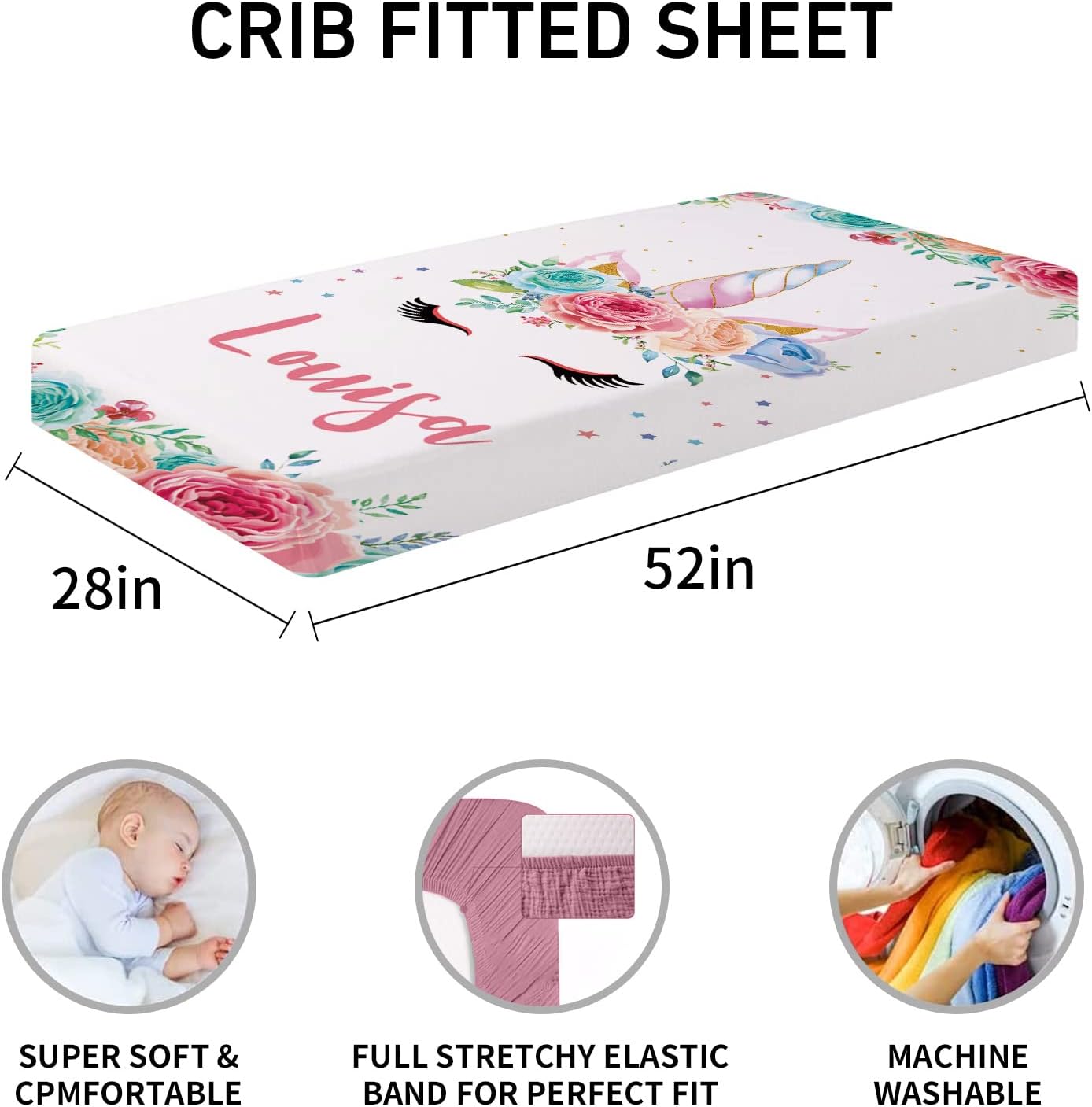 Juego de ropa de cama personalizado para cuna con nombre para niña, juego de cuna de 5 piezas con nombre personalizado de caballo arcoíris para