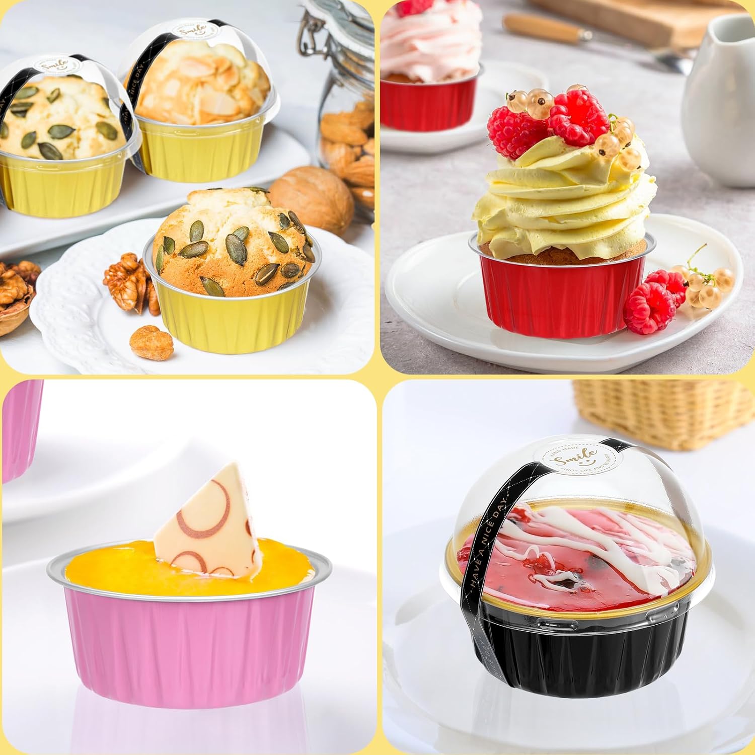 Moldes desechables con tapas y cucharas (paquete de 40, colores mezclados, 5 onzas), forros redondos para cupcakes con tapas, mini latas