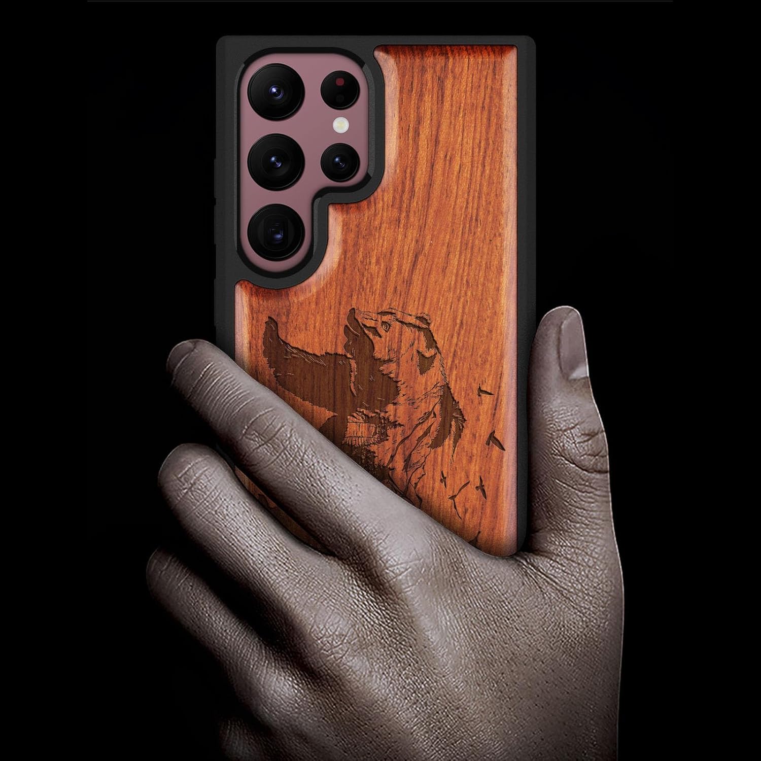 Carveit Funda de madera para Galaxy S22 Ultra 2022 madera natural y TPU suave negro a prueba de golpes, funda de madera única y elegante compatible