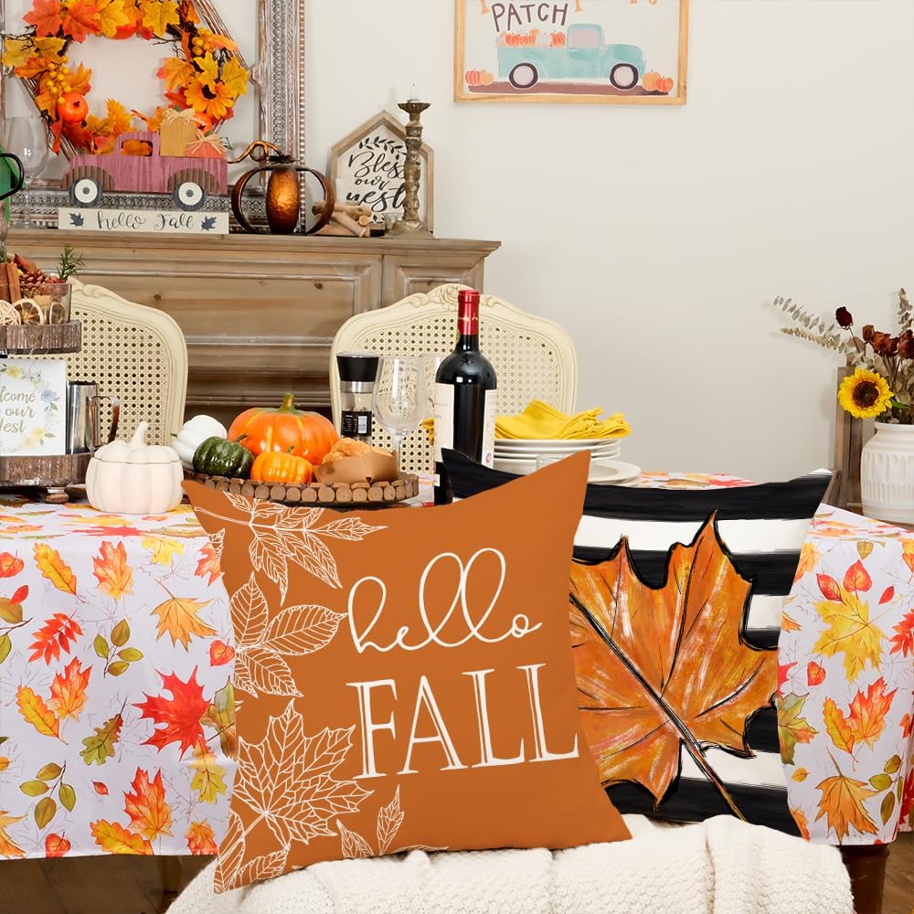Juego de 4 fundas de almohada decorativas de otoño de 20 x 20 pulgadas, diseño de rayas de hojas de arce con diseño de calabaza de Hello para