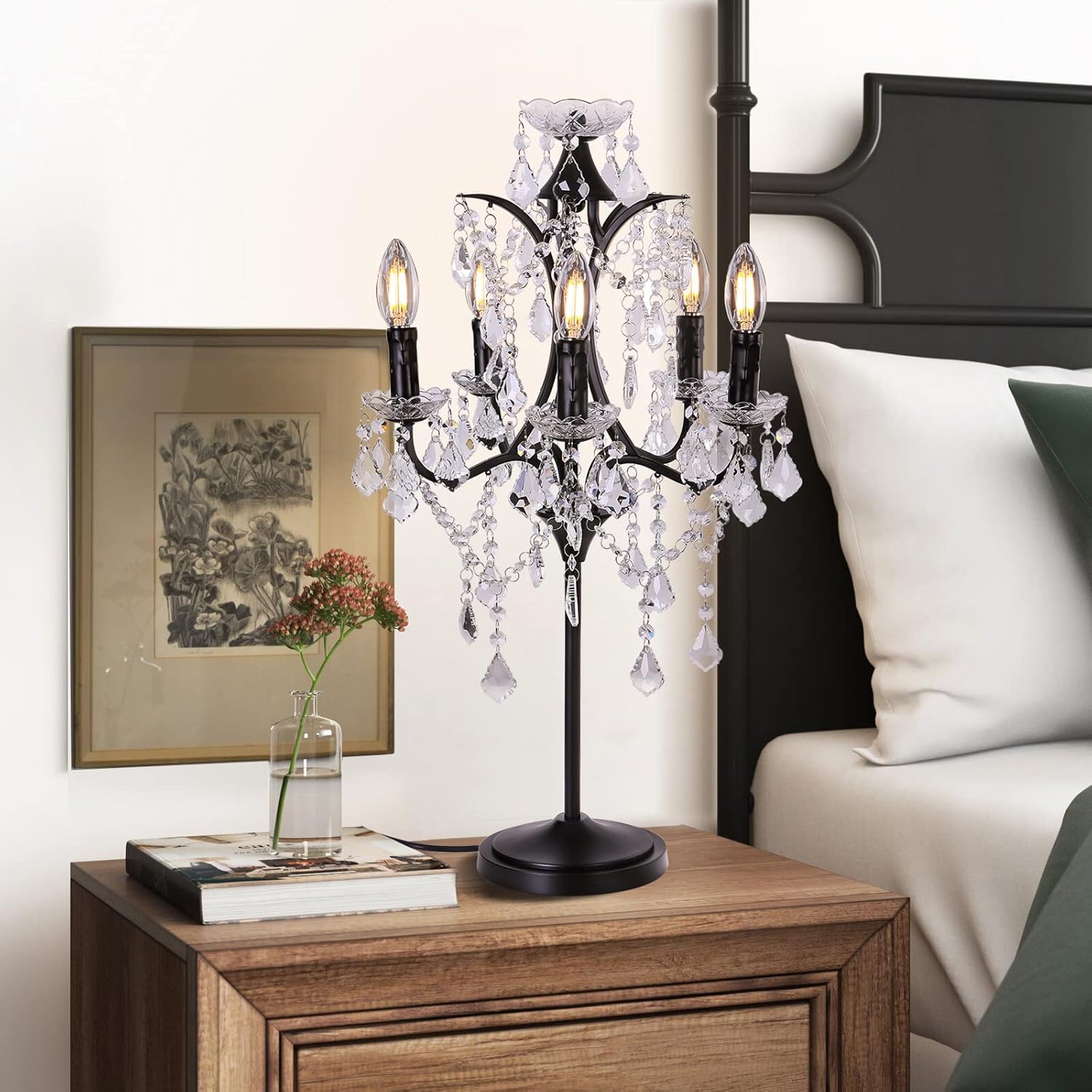 TOCHIC Lámpara de mesa de cristal tradicional de 5 luces, candelabro negro para manualidades, 30 pulgadas de alto para sala de estar, sala de
