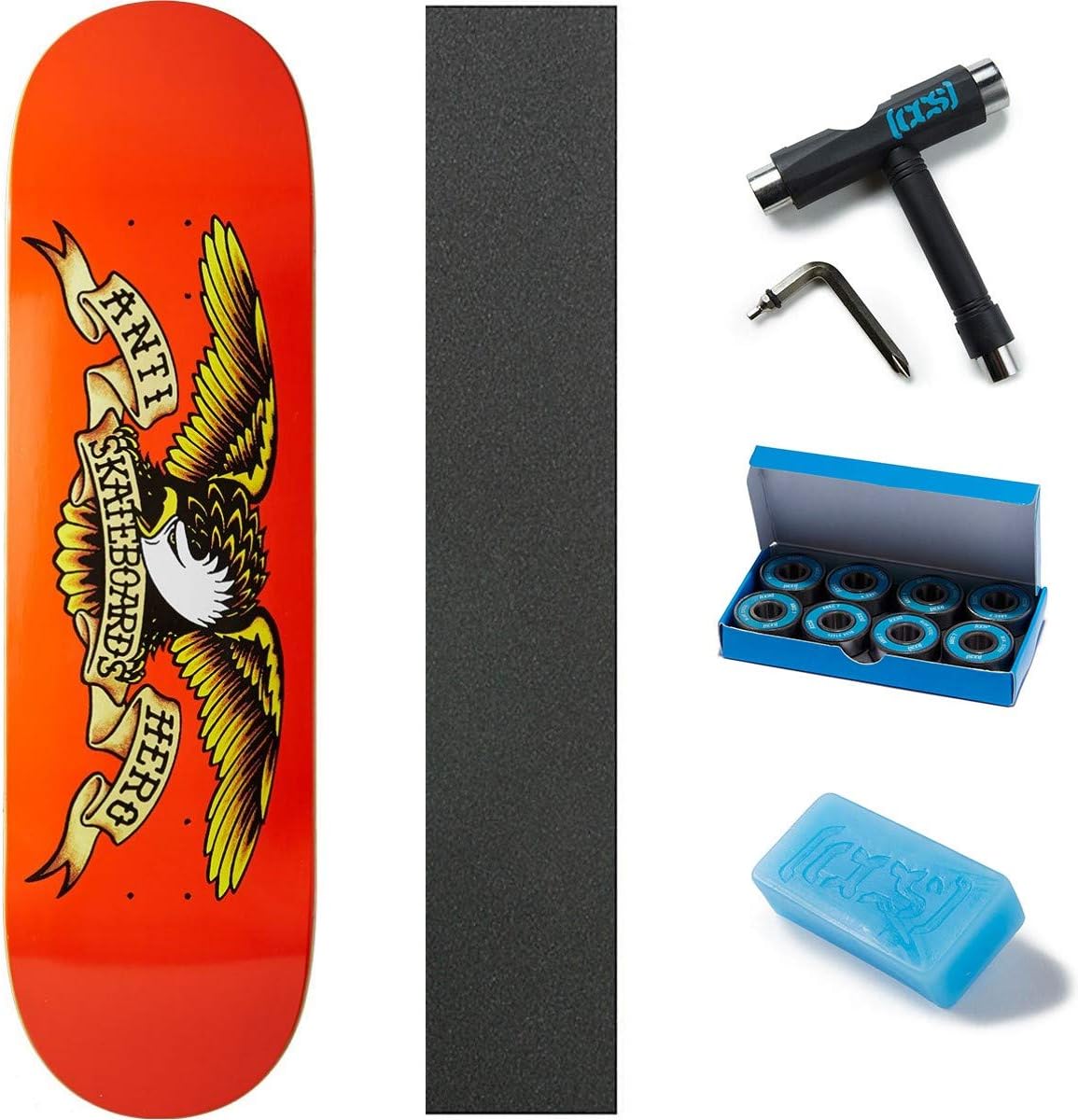 Anti-Hero Classic Eagle Skateboard Deck – Naranja – 9.00 pulgadas con agarre Mob, herramienta de patinaje CCS, cera y rodamientos ABEC 7, Naranja,