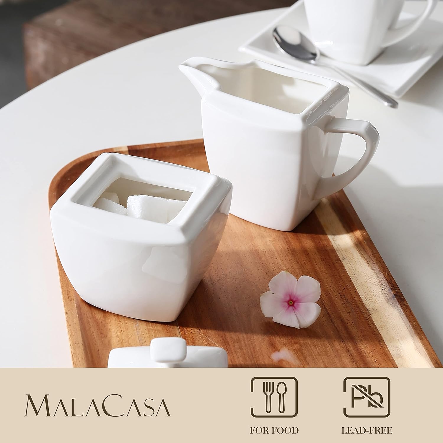 MALACASA Juego de azúcar y crema, juego de porcelana blanca para café, té y leche, jarra de leche de 1 pieza y 1 juego de azucarera con tapa, serie