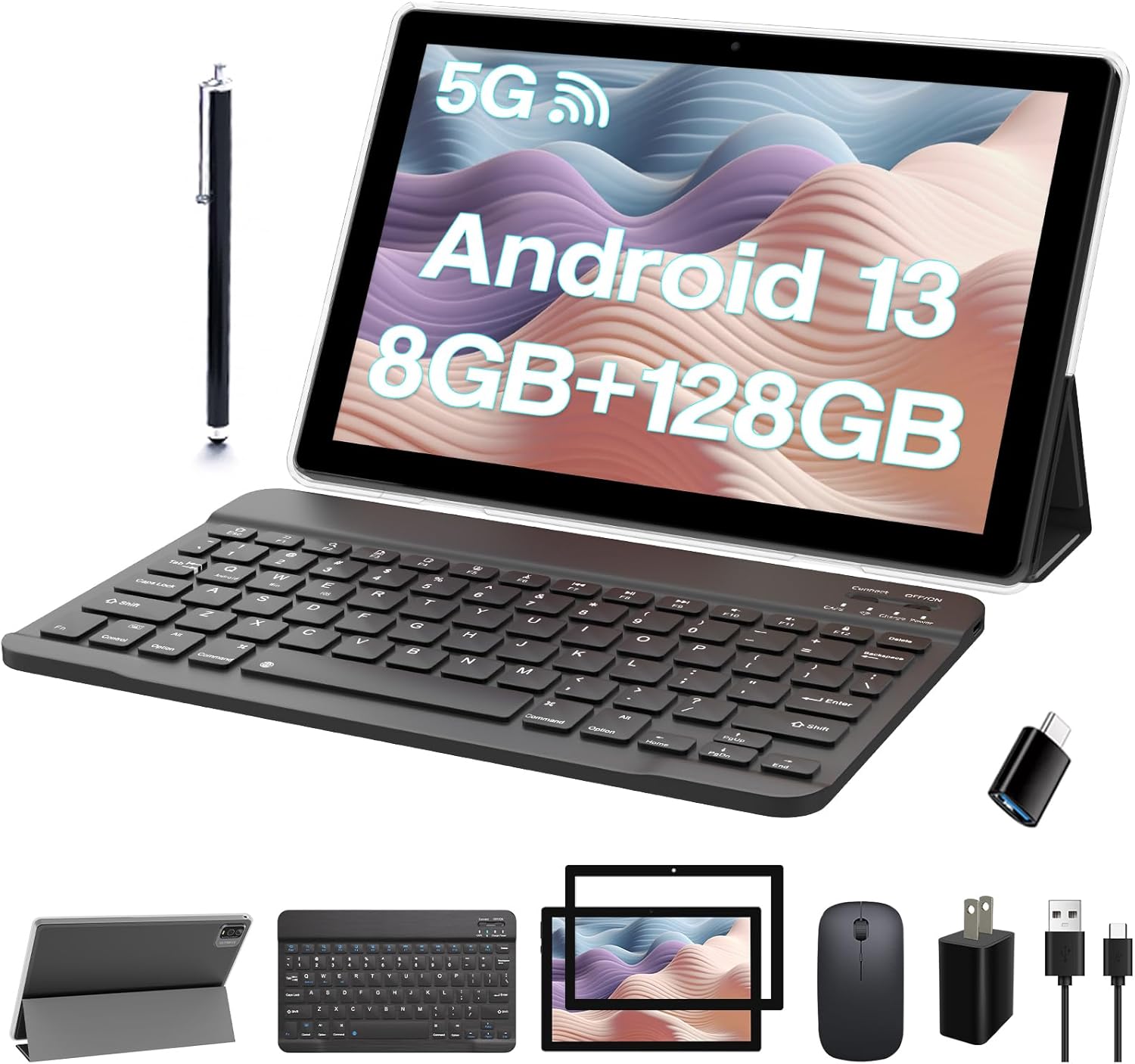 COOPERS Tablet 2 en 1 de 10 pulgadas, Android 13 Tablet con teclado, 8 GB de RAM 128 GB ROM, WiFi 2.4G5G, tableta de computadora con funda, ratón,