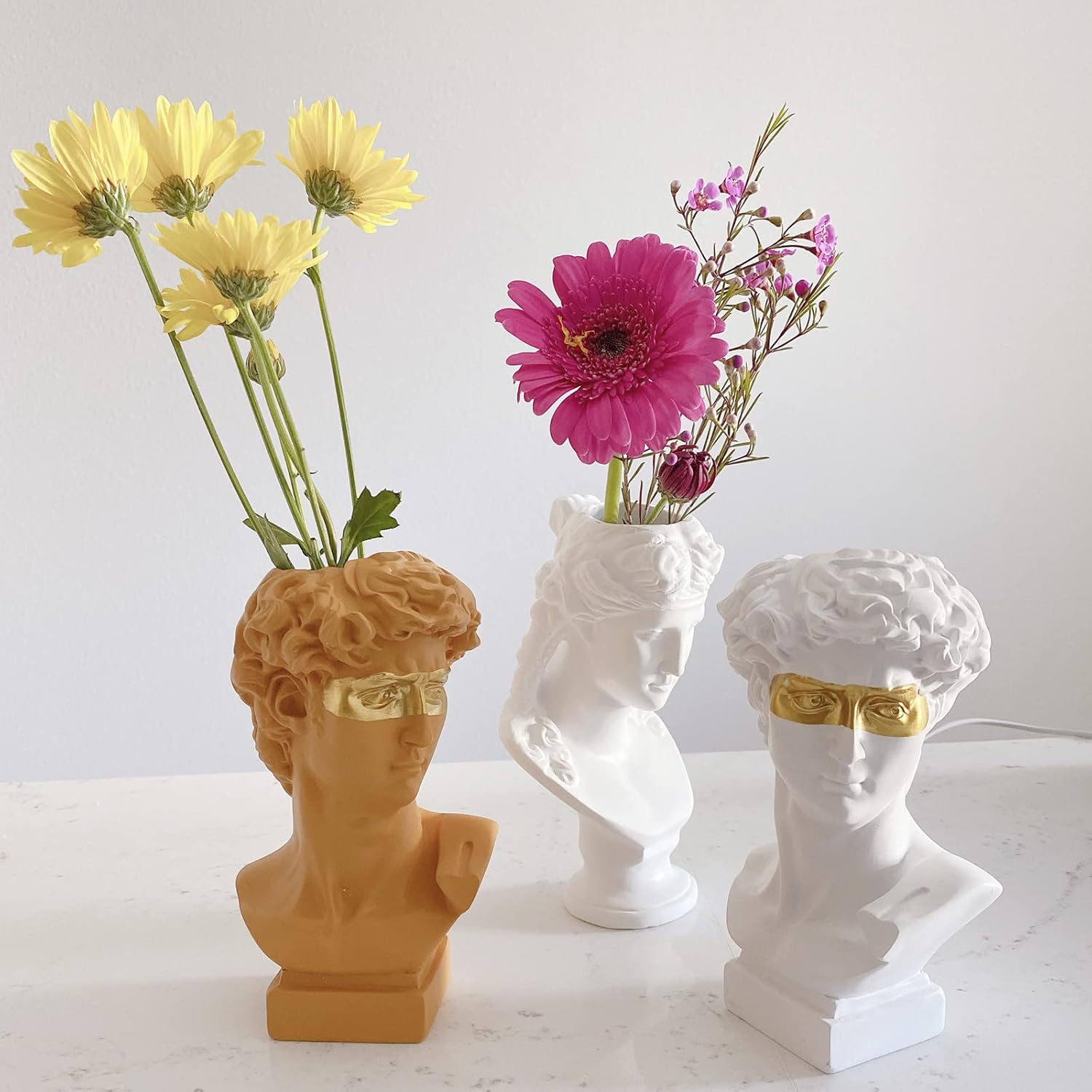 Lemonadeus Jarrón con estatua de David, maceta de resina para suculentas, estatua griega, jarrón de estatua de busto de David con ojos dorados,