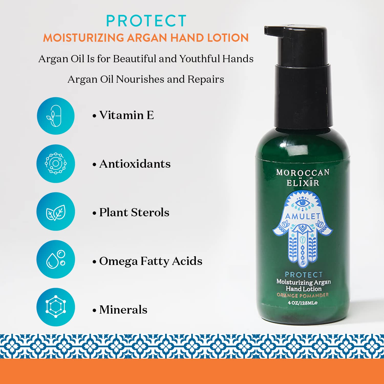 Protect Argan Loción para manos con pomandro de naranjaabsorción rápida, nutritiva, suavizante e hidratante  Enriquecida con aceites omega