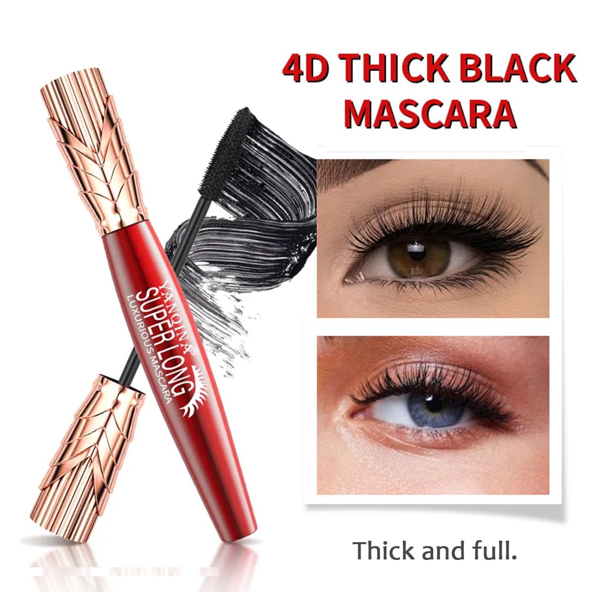 Máscara de maquillaje 4D larga con sujeción rizada, máscara Yanquina súper larga, rímel negro rico mantiene tus pestañas gruesas y largas,